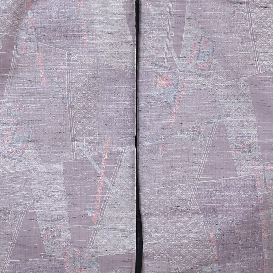 未使用品 紬 単衣 身丈158cm 裄丈63cm 正絹 Sランク Mサイズ バチ衿 カジュアル 寄せ柄 しつけ糸 紫系 1216-02978