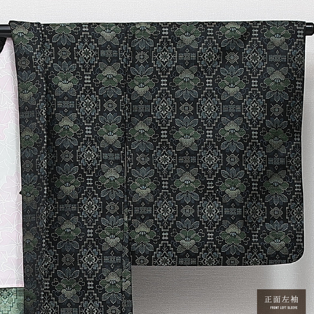 黒羽織 袷 身丈81cm 裄丈67cm 正絹 Sランク インフォーマル Mサイズ 花柄 黒系 RP 1233-14635