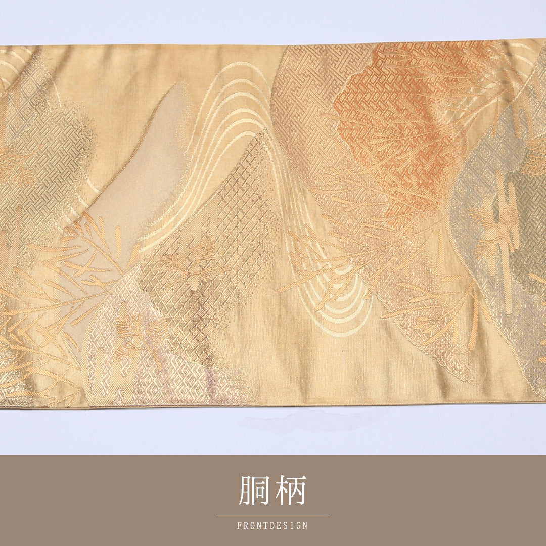 袋帯 帯丈448cm 六通 綴れ織 未仕立て 証紙番号 1918 池口平八 風景柄 有職文様 作家物 フォーマル 証紙 金系 正絹 Sランク 1223-00138