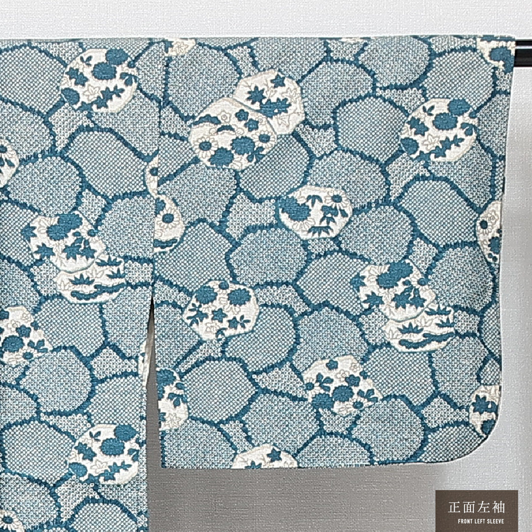 羽織 袷 身丈78cm 裄丈63cm 正絹 Sランク カジュアル Sサイズ 紐あり 菊 楓 鹿の子柄 青系 RP 1232-14649