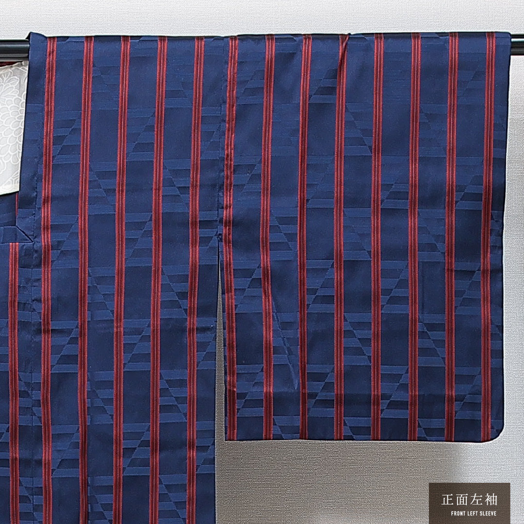 道行コート 袷 身丈128cm 裄丈63cm 正絹 Sランク セミフォーマル Sサイズ ポケットあり 縞 紺系 RP 1237-14841