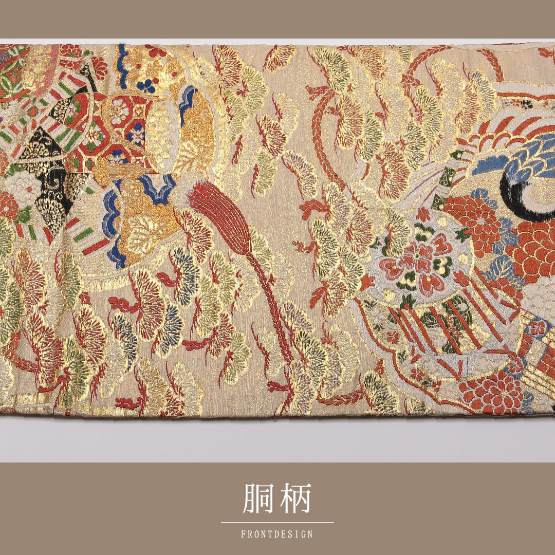 アンティーク 丸帯 帯丈416cm 正絹 全通 松鶴 御所解 金系 1242-01341