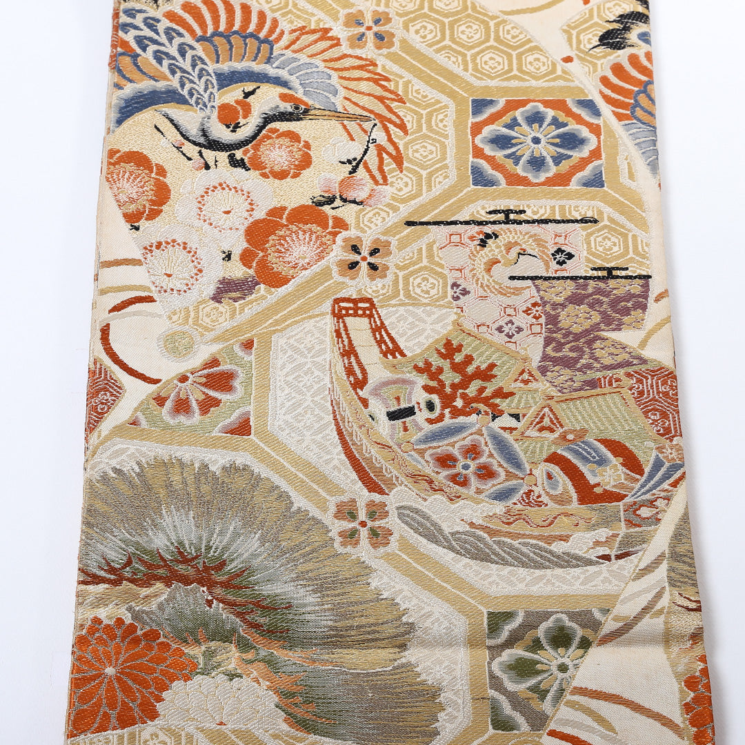 アンティーク 丸帯 帯丈406cm 全通 仕立て上がり フォーマル Cランク 宝船 金系 1223-00822-521 1223-00822