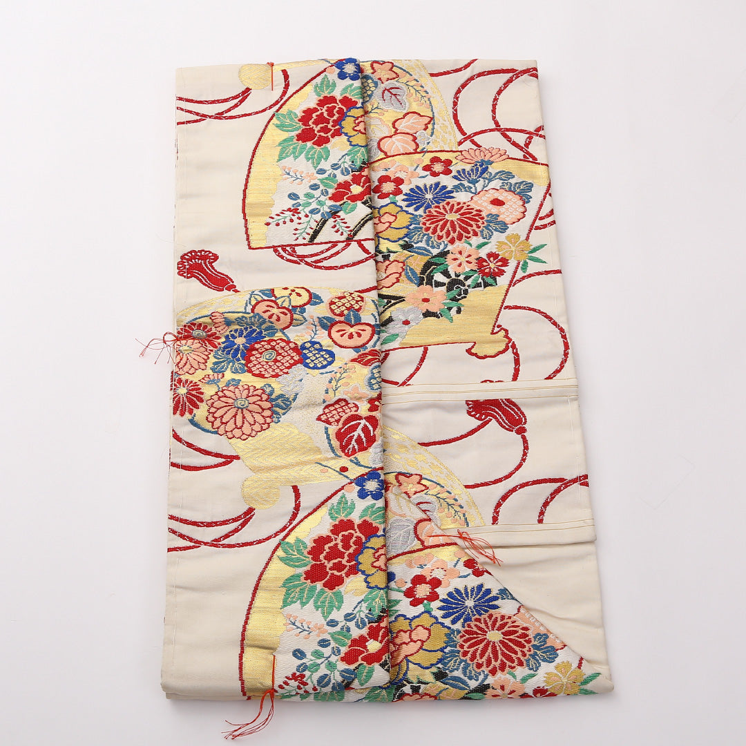 アンティーク 名古屋帯 六通 帯丈325cm Aランク 正絹 吉祥文様 扇 白系 1224-02378