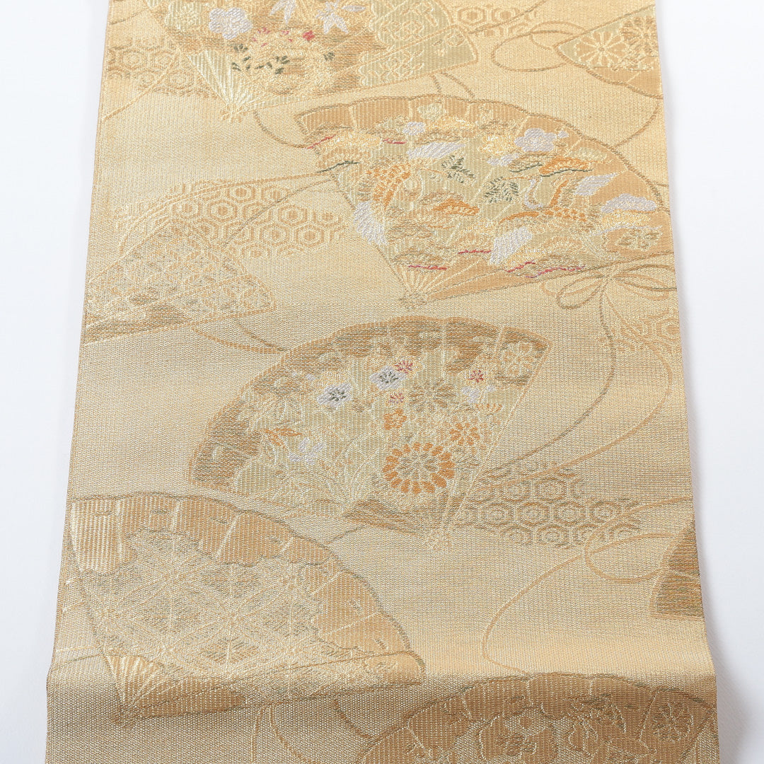 袋帯 帯丈428cm 六通 仕立て上がり フォーマル Sランク 扇子 吉祥文様 金系 1223-00769-221 1223-00769
