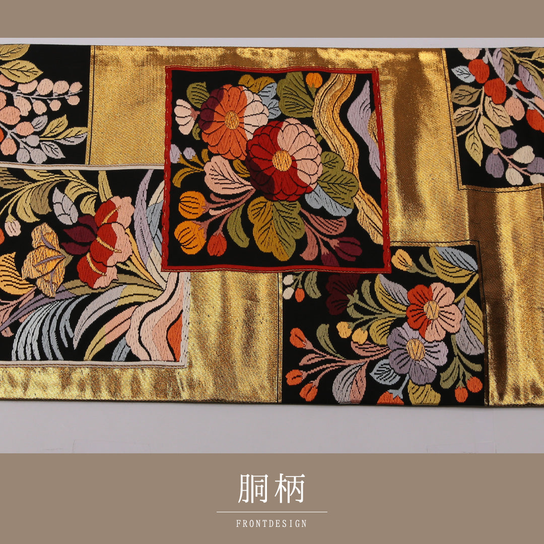 袋帯 帯丈432cm 全通 フォーマル Sランク 正絹 花柄 花絵札 菖蒲 古典的 華やか 金系 1223-01431