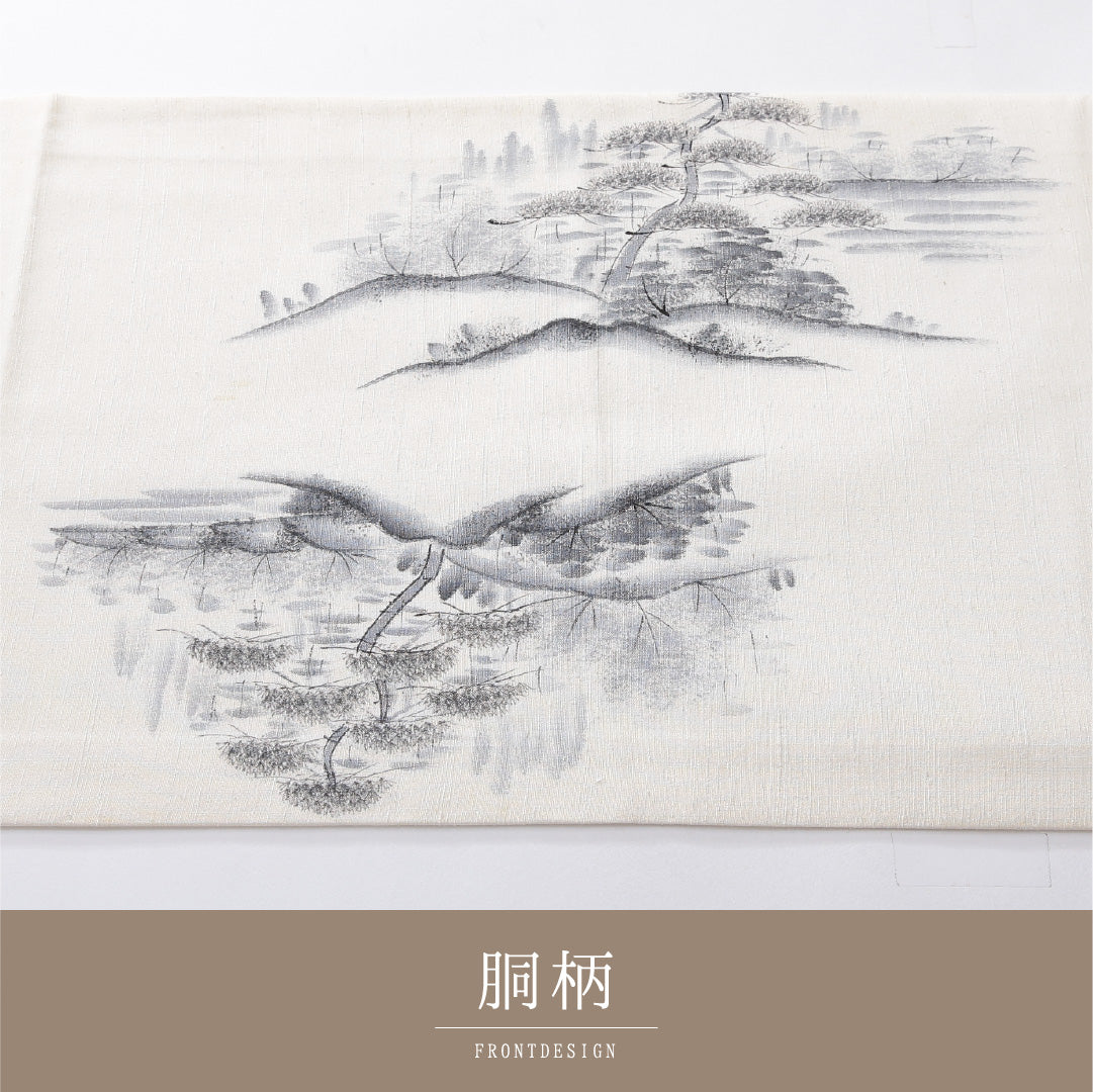 九寸名古屋帯(紬) 帯丈362cm カジュアル 開き仕立て ポイント柄 Bランク 正絹 風景柄 クリーム系 白系 1224-03934