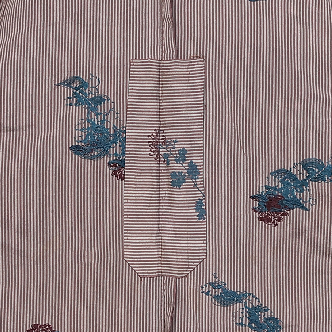 アンティーク 小紋 単衣 身丈146cm 裄61.5cm 正絹 菊 居敷当て 刺繍 縞 茶系 Cランク 1215-02305