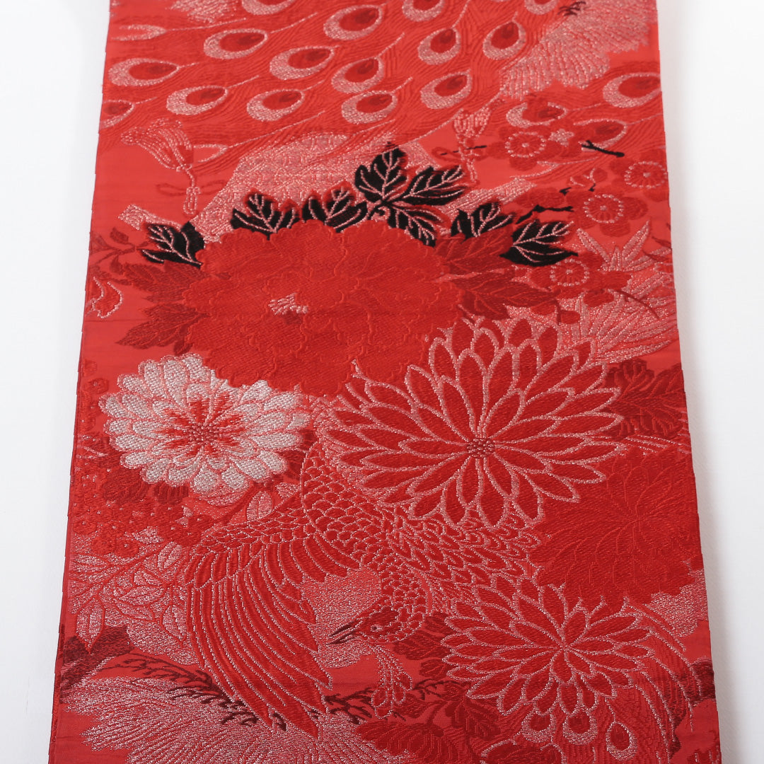 アンティーク 丸帯 帯丈374cm 全通 孔雀 牡丹 菊 吉祥文様 フォーマル 赤系 正絹 Aランク 1223-00726