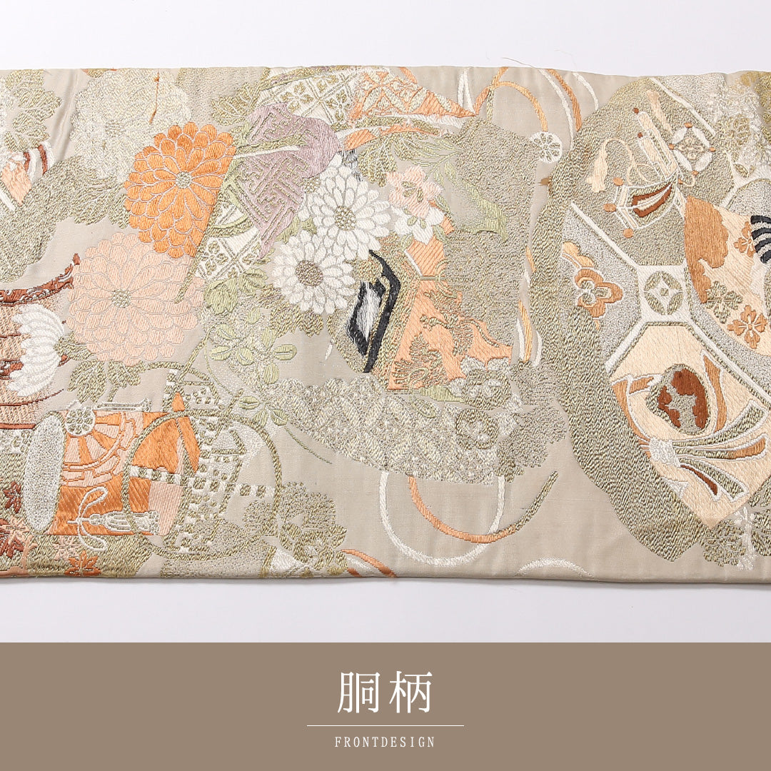 アンティーク 丸帯 帯丈376cm 正絹 全通 花扇 蜀江 クリーム系 金系 1242-01634