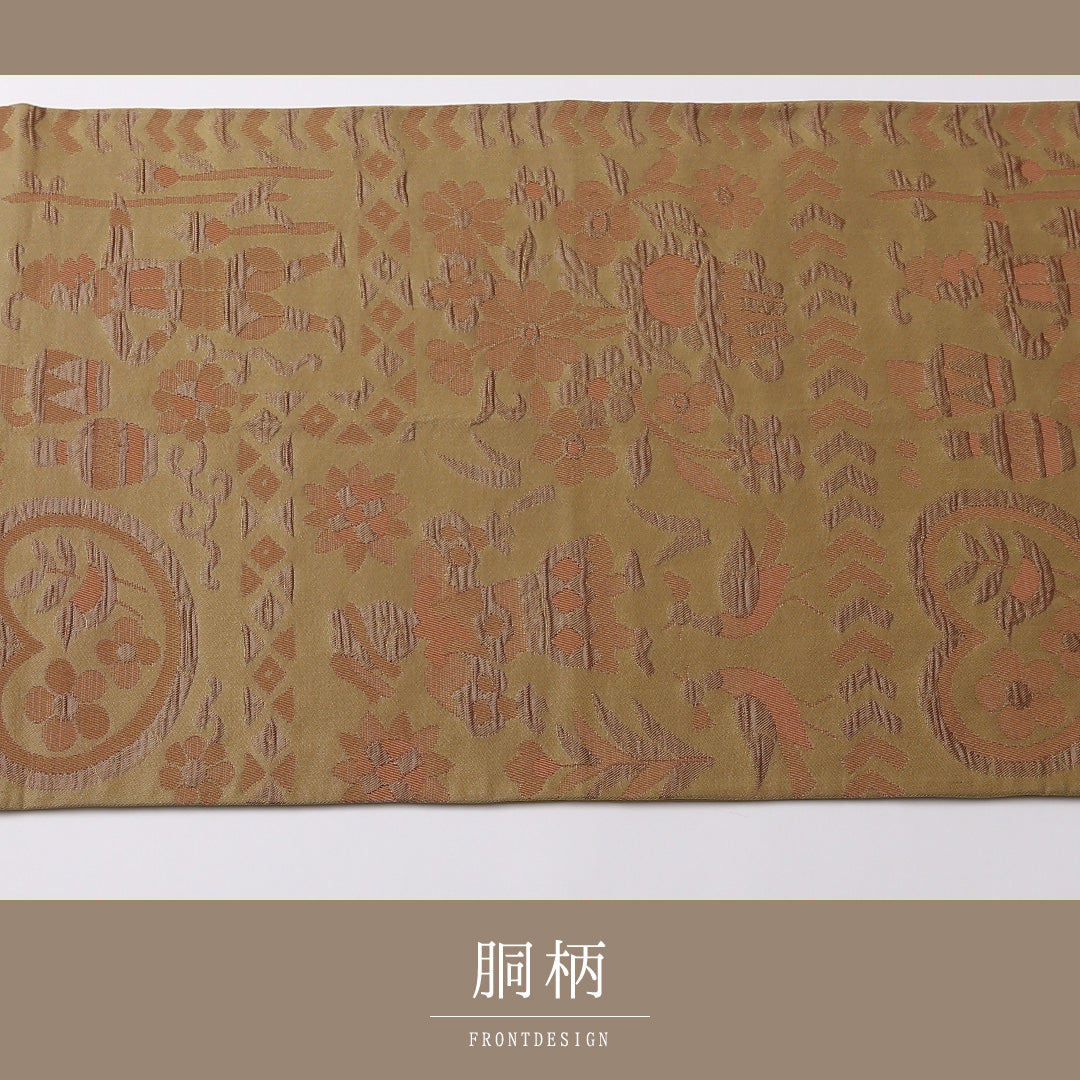 袋帯 帯丈420cm 六通 カジュアル Sランク 正絹 コプト柄 異国風 可愛らしい 黄系 1223-01607