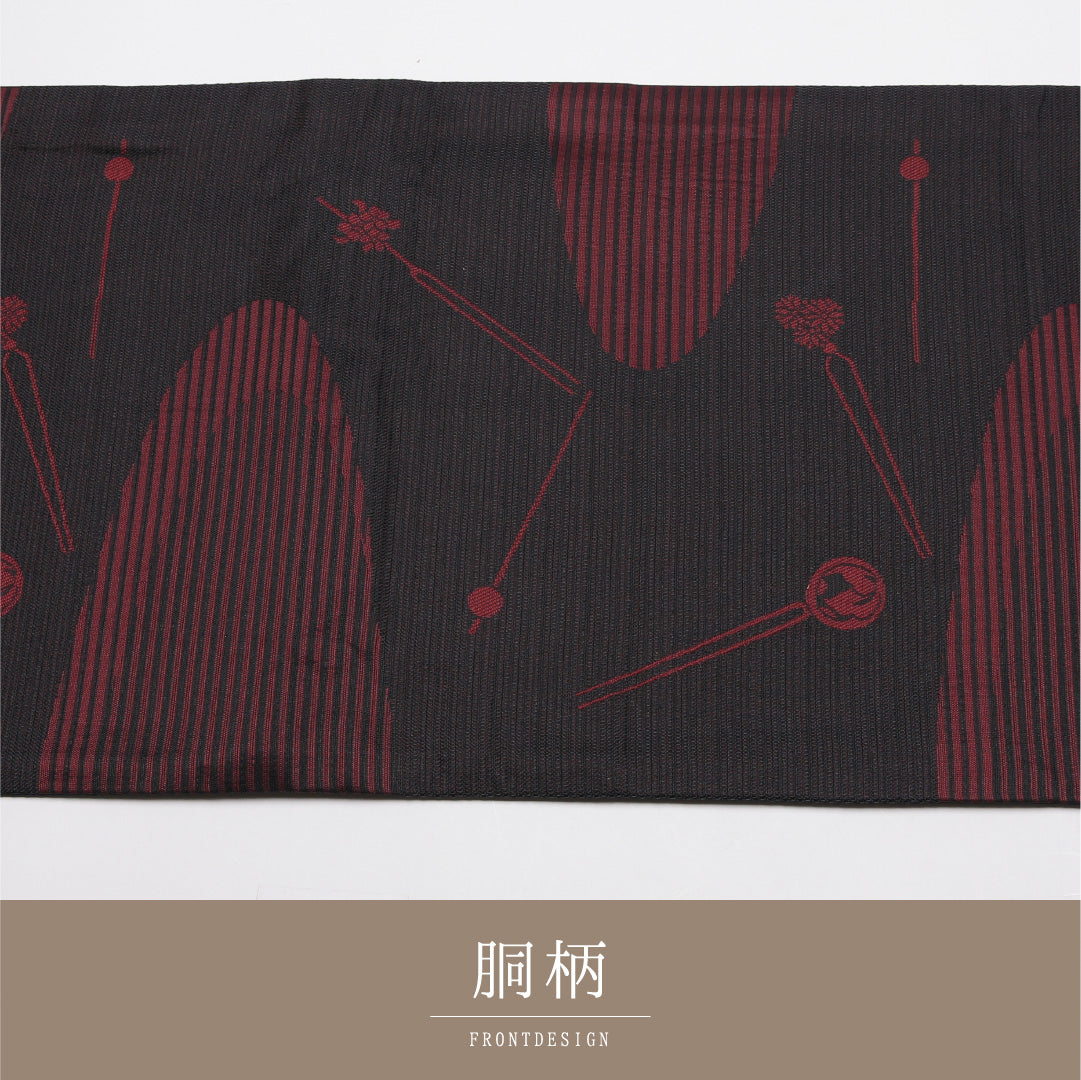 夏物 名古屋帯 帯丈364cm Aランク 開き仕立て 全通 ポリエステル 簪 カジュアル 黒系 1224-01904