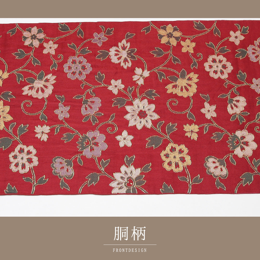 袋帯 帯丈416cm 正絹 全通 セミフォーマル 唐草華文 赤系 1243-01248