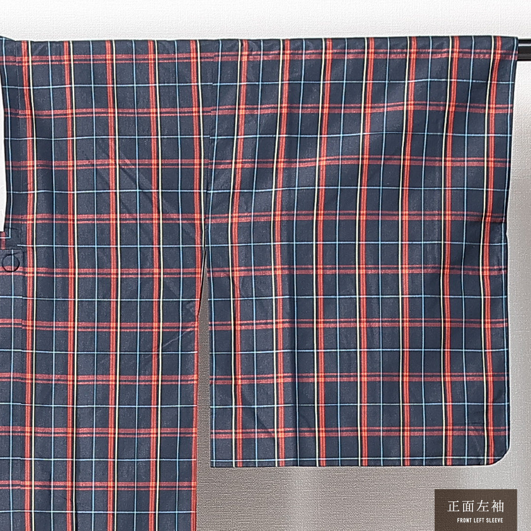 道行コート 袷 身丈90cm 裄丈65cm 正絹 Sランク セミフォーマル Mサイズ ポケットあり 格子 紺系 RP 1237-14688