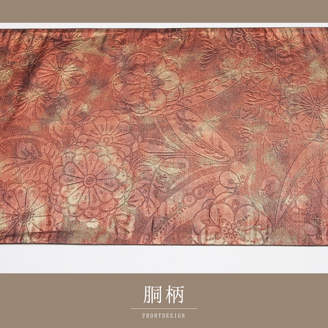 袋帯 帯丈430cm 正絹 六通 セミフォーマル 花柄 茶系 金系 1243-01215