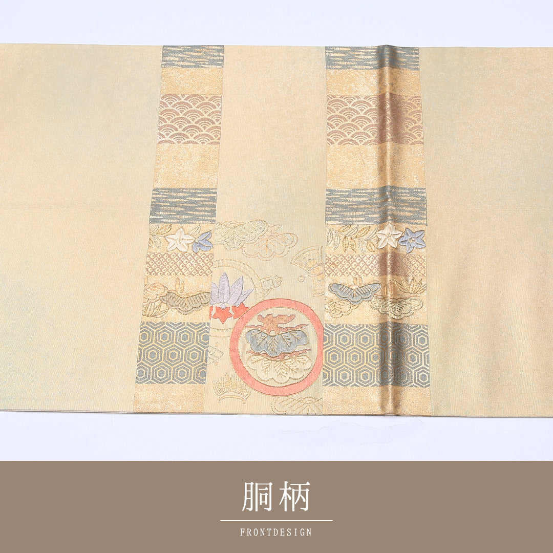 袋帯 帯丈430cm ポイント柄 吉祥文様 古典柄 家紋柄 フォーマル クリーム系 正絹 Aランク 1223-00079