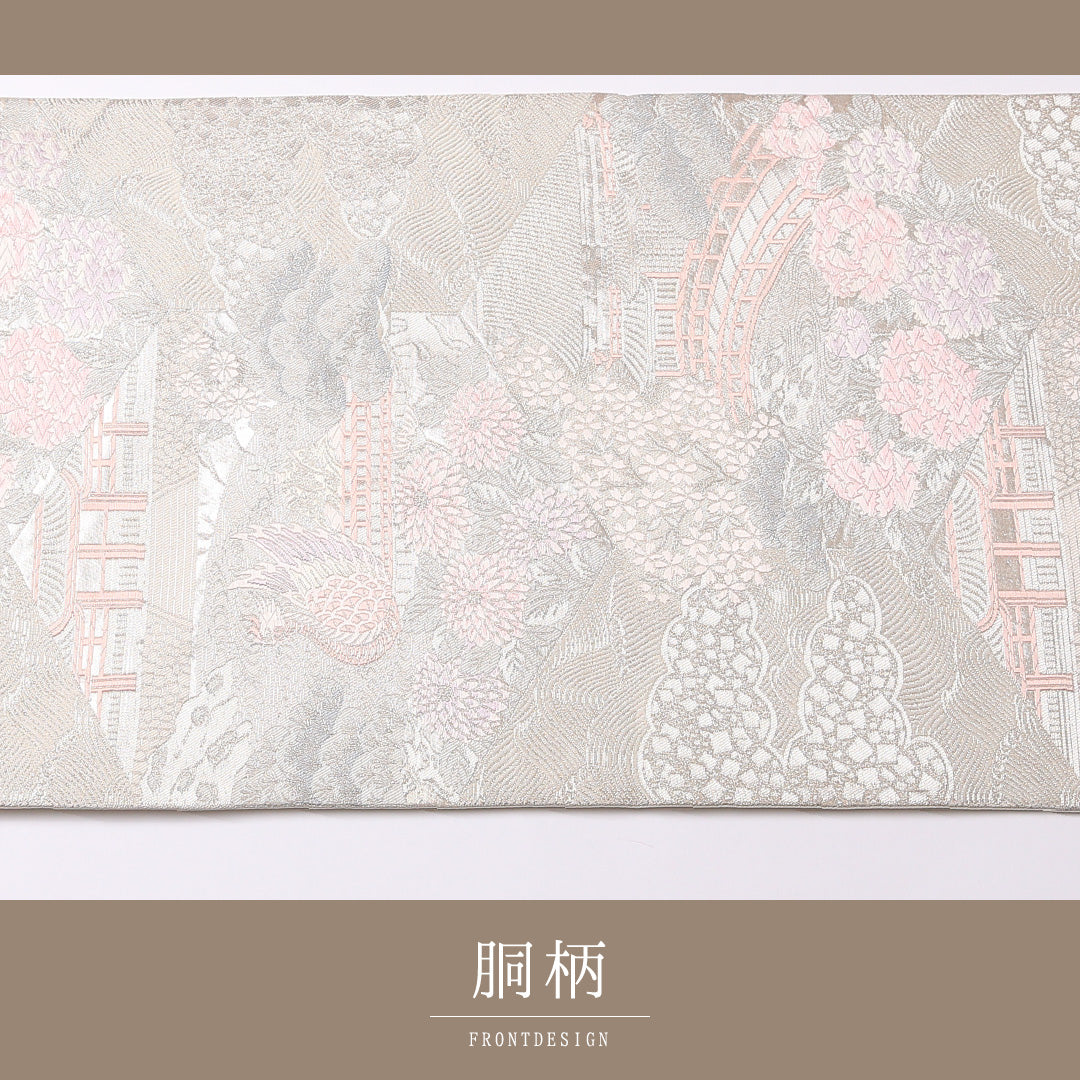未使用品 袋帯 帯丈428cm 正絹 六通 セミフォーマル 平等院鳳凰堂 銀系 1243-01519