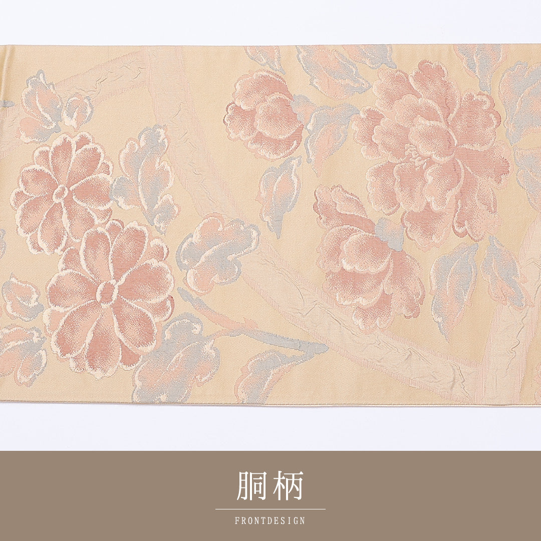 袋帯 帯丈424cm 六通 牡丹 金糸 セミフォーマル 金系 正絹 Sランク 1223-00967