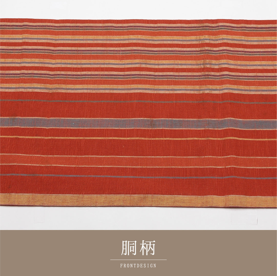 名古屋帯 帯丈352cm Cランク 開き仕立て 全通 正絹 遠州綿紬 紬 縞 カジュアル 朱系 1224-01945