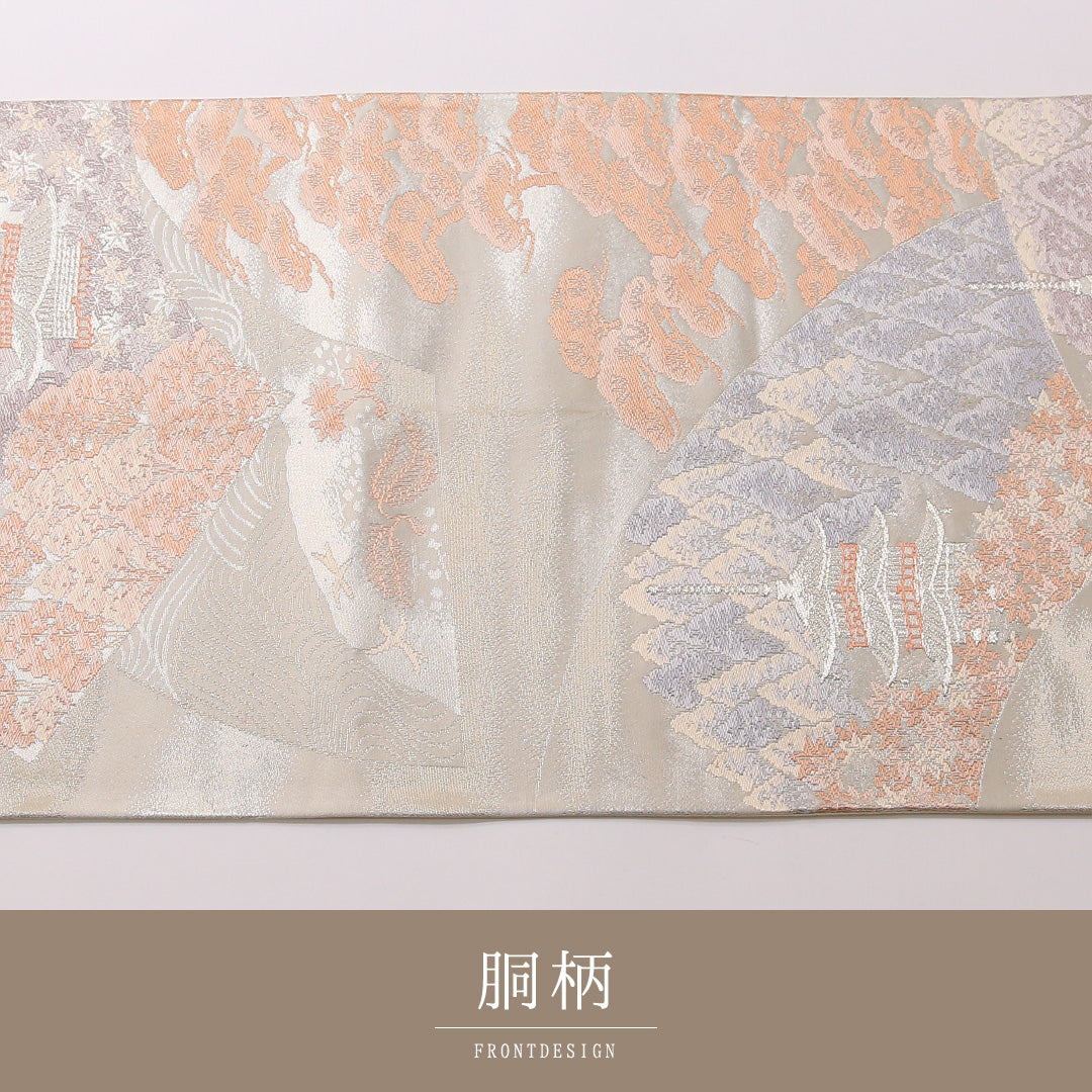 袋帯 帯丈428cm 六通 セミフォーマル Bランク 正絹 京洛百景 古典的 しとやか クリーム系 1223-01643