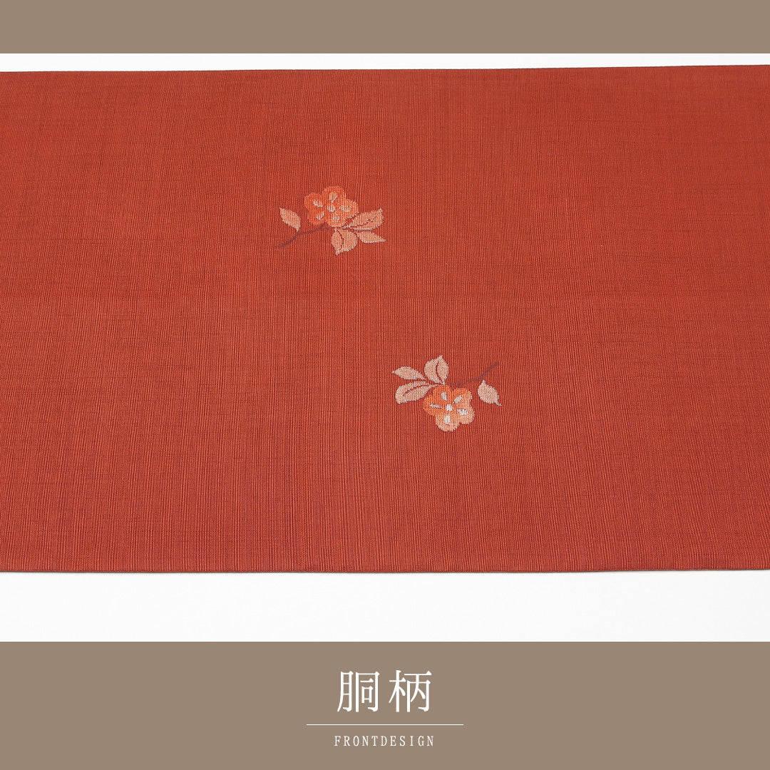 袋帯(紬) 帯丈434cm 正絹 ポイント柄 カジュアル 花柄 朱系 1243-01264