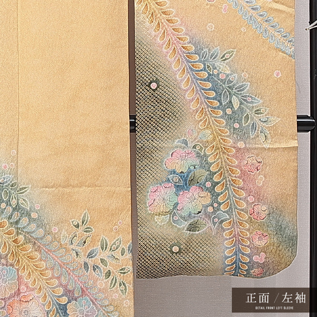 振袖 袷 身丈180cm 裄丈66cm 正絹 Aランク フォーマル 広衿 3XLサイズ 花柄 ベージュ系 RP 1215-06983