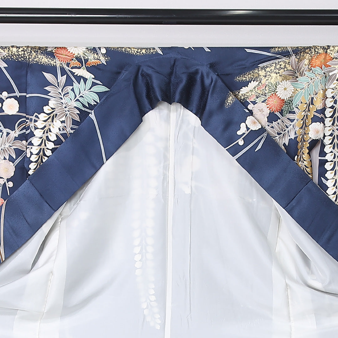 振袖 袷 身丈169cm 裄丈68cm 正絹 Sランク フォーマル 広衿 XLサイズ 刺繍 菊 紺系 RP 1215-06765