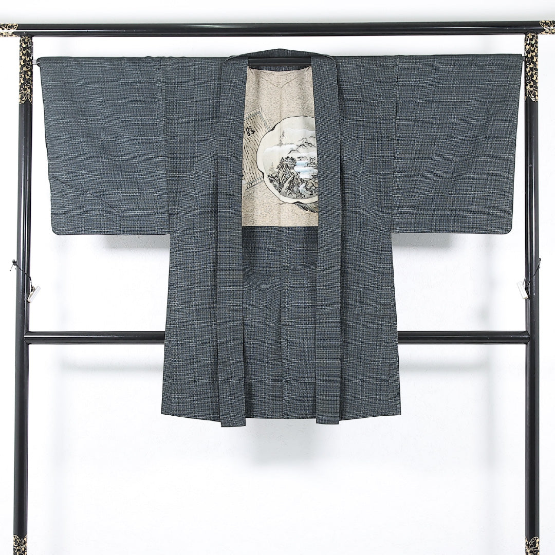 アンサンブル 男着物 (紬) 袷 身丈142cm 裄丈68cm 正絹 Cランク インフォーマル 棒衿 Mサイズ 抽象柄 緑系 RP 1224-17368