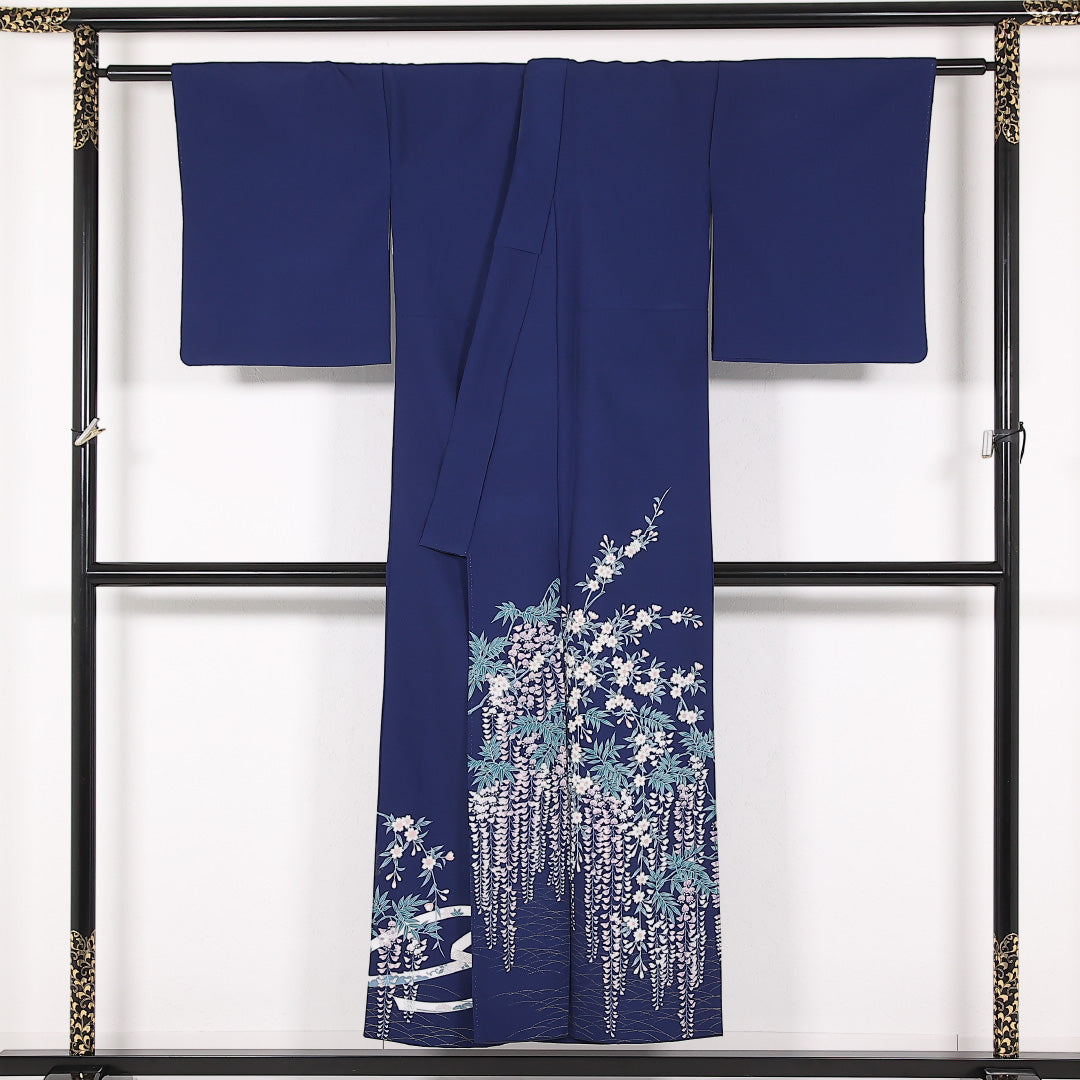 洗える着物 訪問着 袷 身丈148cm 裄丈65cm ポリエステル Aランク セミフォーマル バチ衿 Mサイズ 藤 紺系 RP 1217-17505
