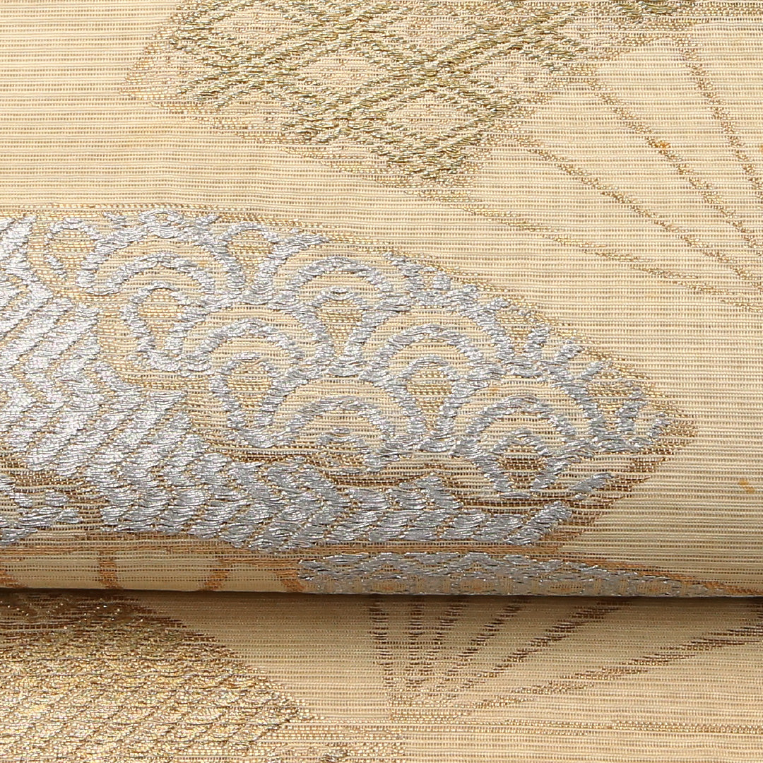 夏物 袋帯 帯丈424cm 正絹 六通 セミフォーマル 扇 クリーム系 1243-02448