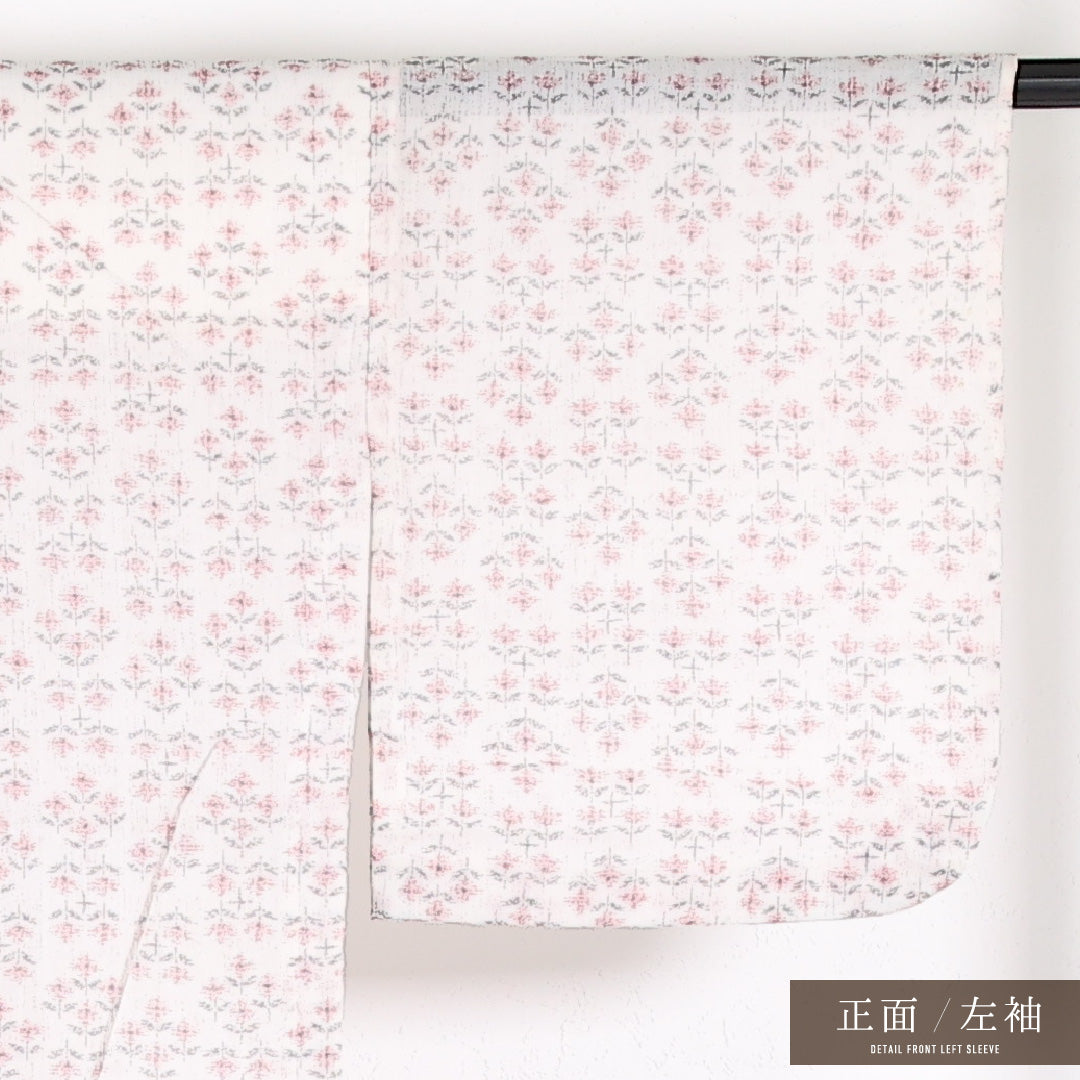 夏物 洗える着物 麻の紬 身丈151cm 裄丈63cm 麻 Cランク カジュアル バチ衿 XSサイズ 花柄 白系 RP 1223-17382