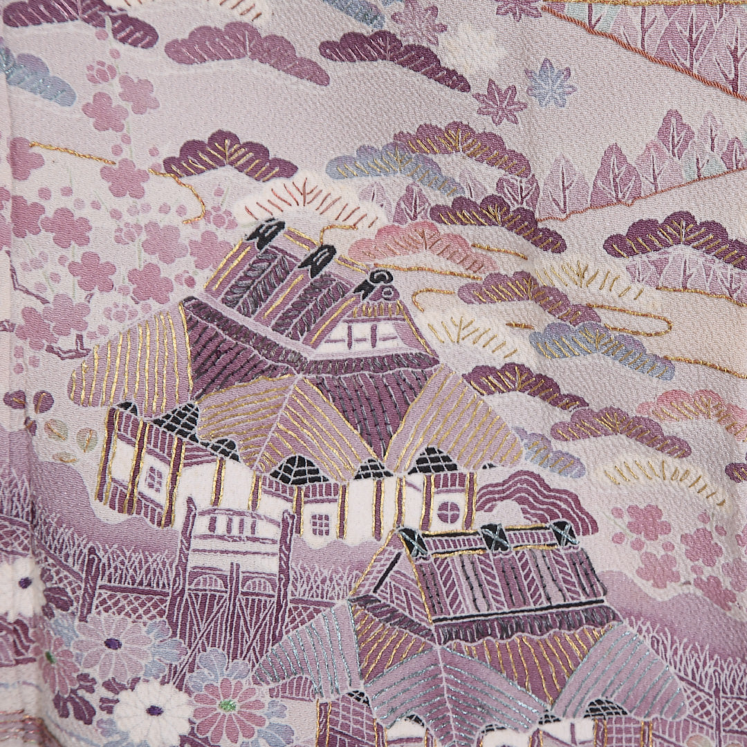 色留袖 五つ紋 身丈150cm 裄丈59cm Cランク 正絹 袷 広衿 S 金駒刺繡 茶屋辻 丸に三つ柏 鬼縮緬 フォーマル 紫系 1211-F0282