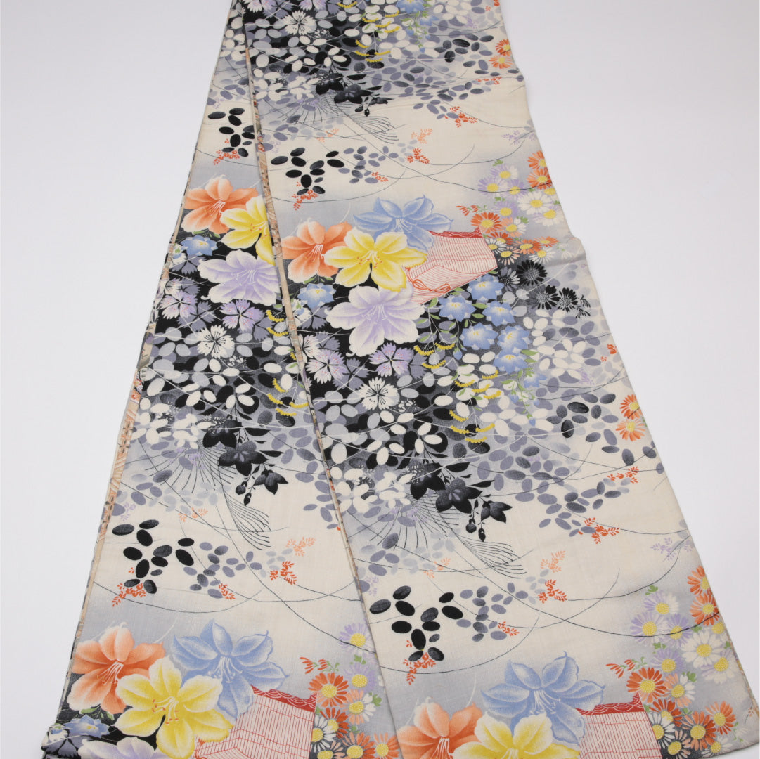 アンティーク 名古屋帯 帯丈360cm Aランク 開き仕立て 全通 木綿 檜扇 唐花 桜 リバーシブル セミフォーマル クリーム系 1224-01589