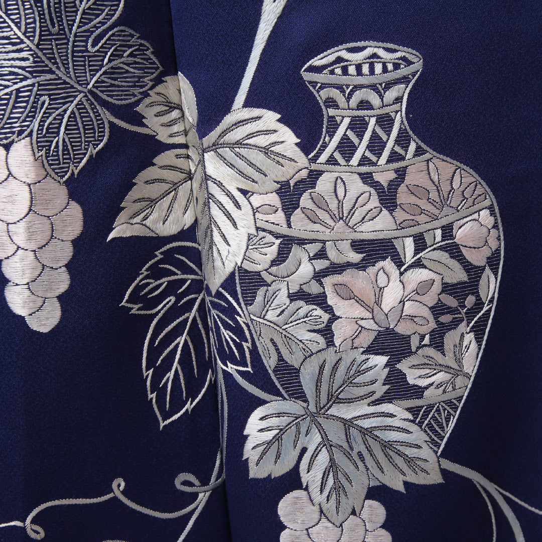 訪問着 袷 身丈160~164cm 裄62cm 正絹 葡萄 壺 蘇州刺繡 鉄紺 青系 Aランク 1212-00614