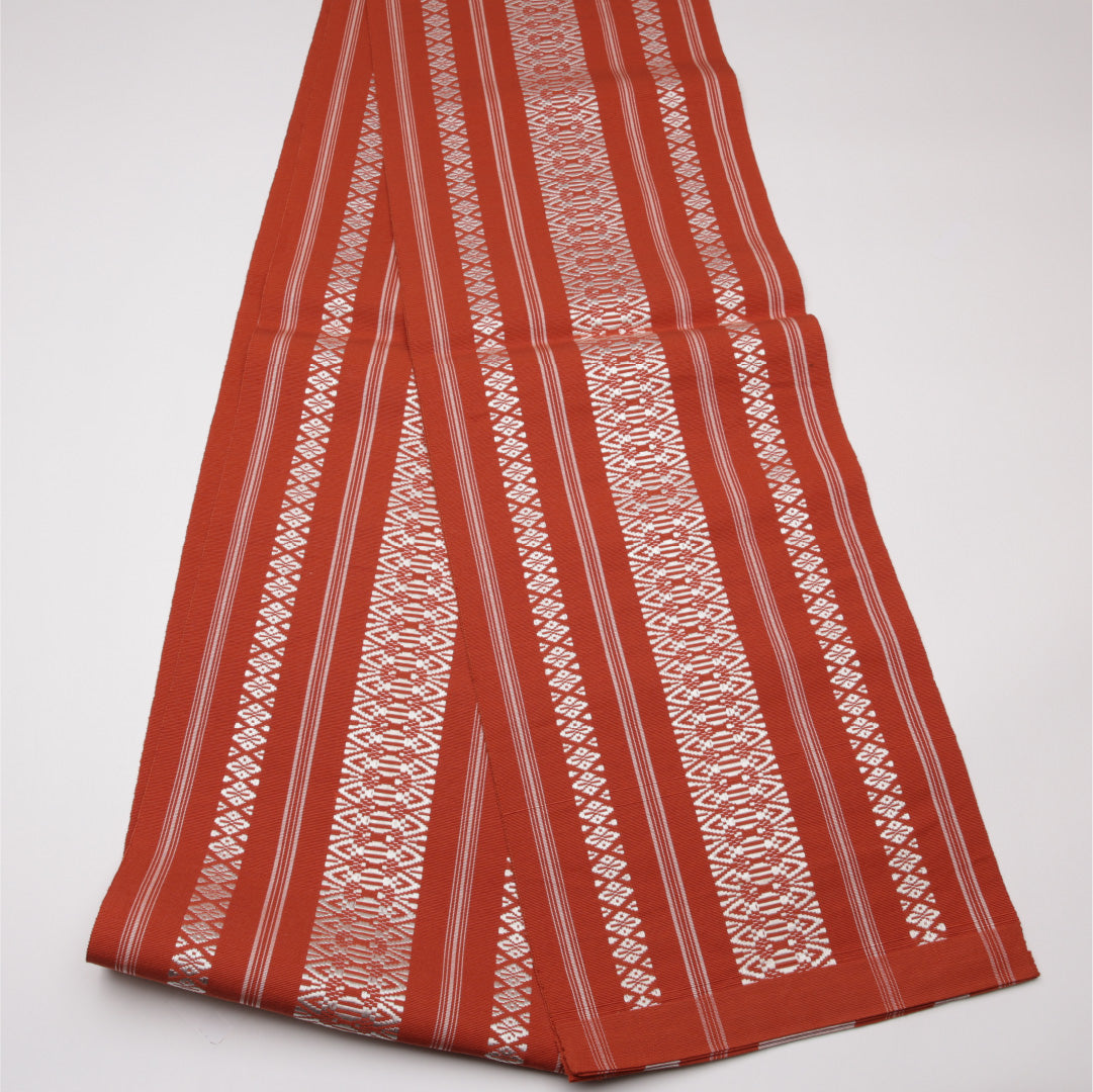 名古屋帯 帯丈396cm Aランク 開き仕立て 全通 正絹 本場筑前博多織 献上柄 セミフォーマル 朱系 1224-01545