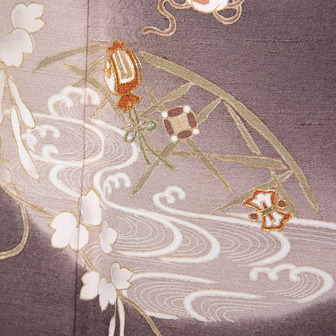 訪問着 身丈158cm 裄丈63cm 正絹 Aランク 袷 広衿 小鼓 流水 蔦 1212-10359