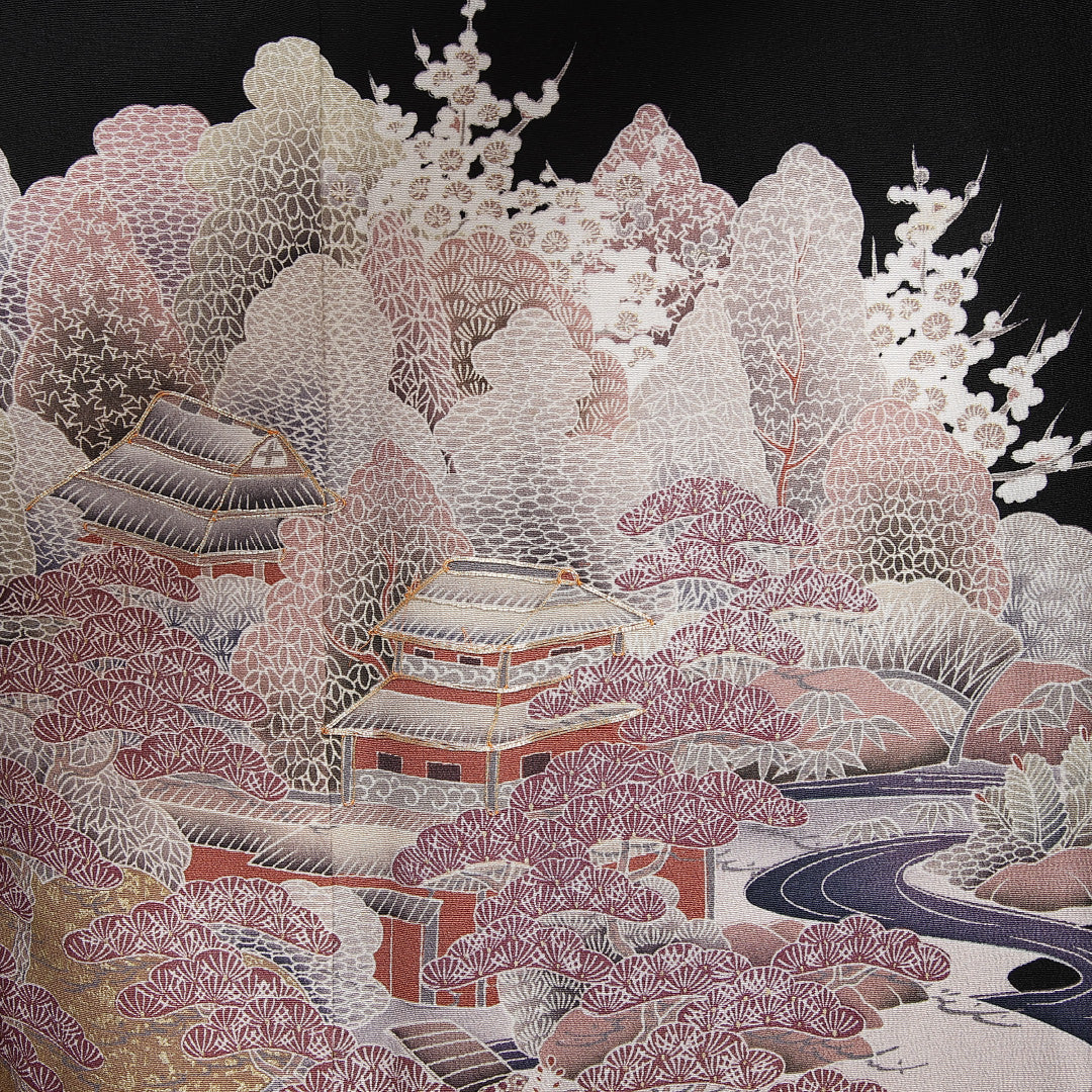 黒留袖 五つ紋 橘 身丈151cm 裄丈60.5cm Sランク 正絹 袷 比翼 広衿 S 金駒刺繍 金箔 茶屋辻 フォーマル 幻想的 重厚感 黒系 1211-F0560