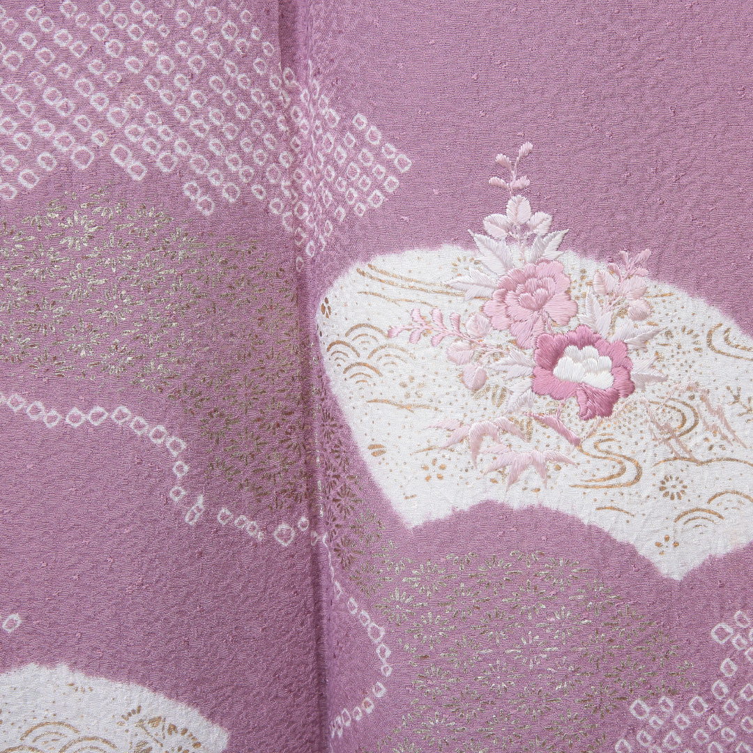 訪問着 袷 身丈155~159cm 裄64cm 正絹 蘇州刺繡 檜扇 ピンク系 ふくれ織 Bランク 1212-00567