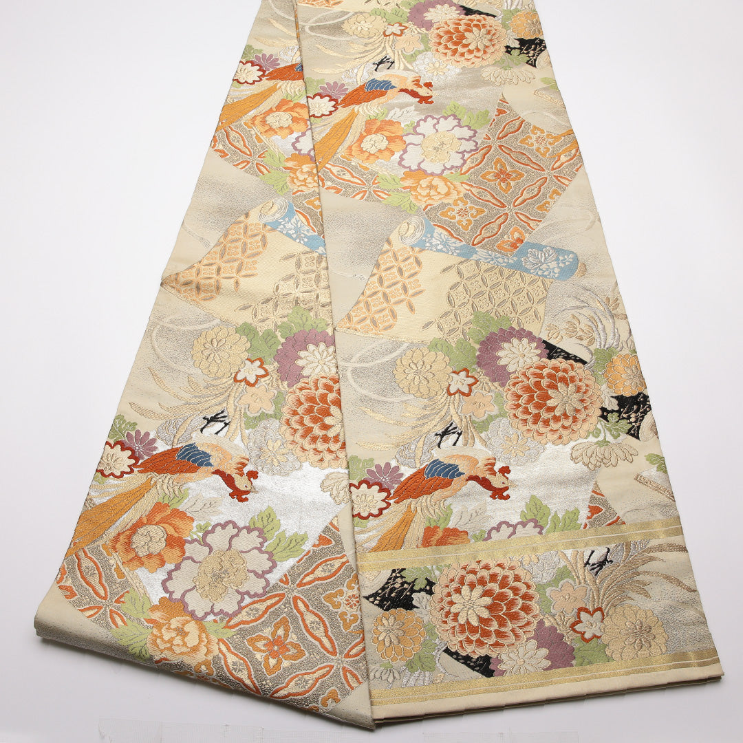 アンティーク 丸帯 帯丈412cm 正絹 全通 唐織 鳳凰 花鳥文 クリーム系 1242-01376