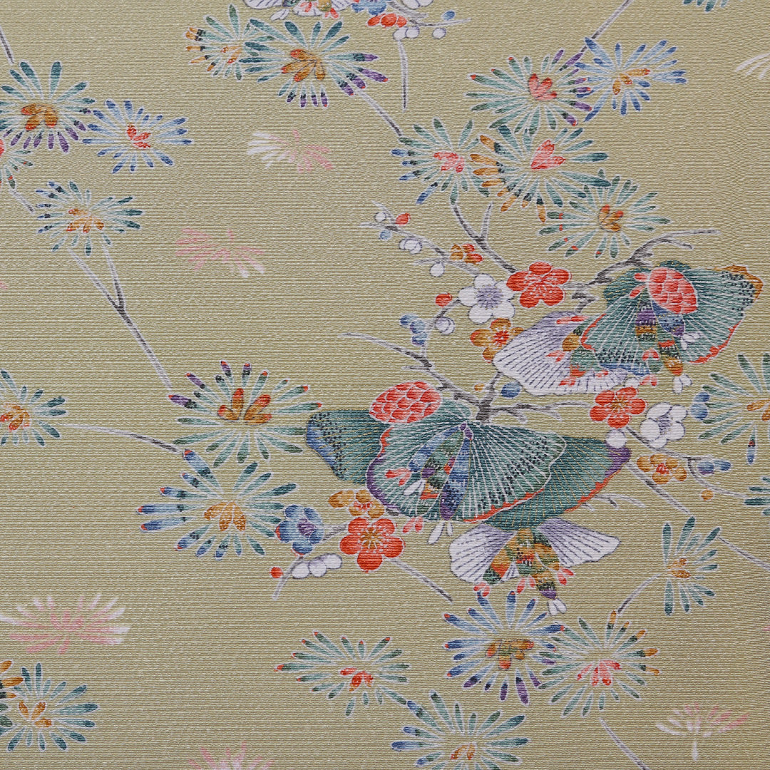 小紋 袷 身丈166cm 裄丈66cm 正絹 Aランク XLサイズ 広衿 インフォーマル ちりめん 梅 松 緑系 茶系 1215-01805