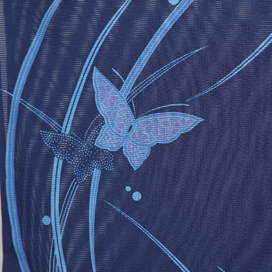 小紋 身丈159cm 裄丈66cm Bランク M 正絹 絽 バチ衿 露芝草 蝶 カジュアル 青系 1215-12160