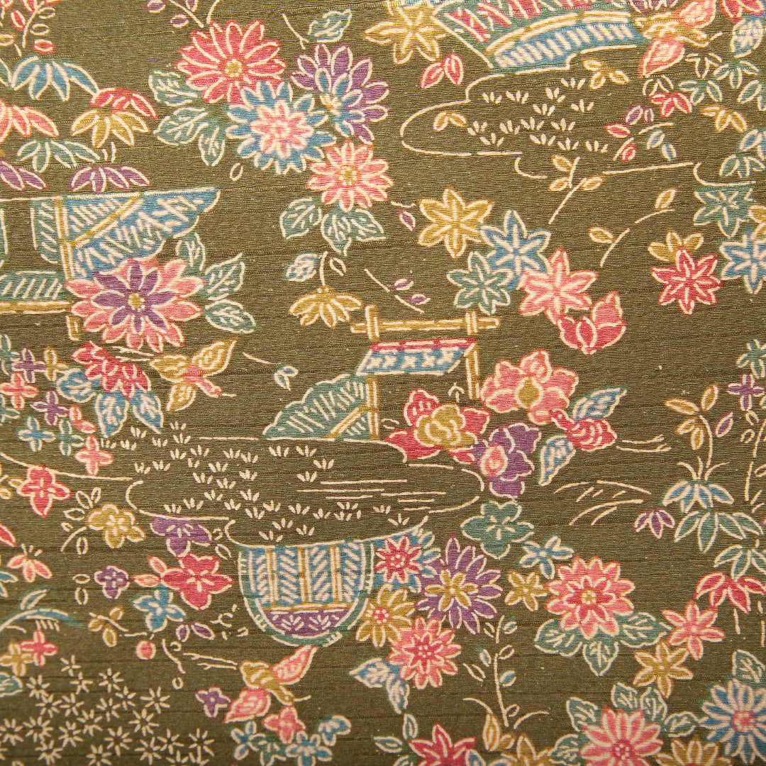 小紋(紬) 袷 身丈159cm 裄丈66cm 正絹 Sランク Mサイズ 広衿 インフォーマル 茶屋辻 緑系 1215-02226