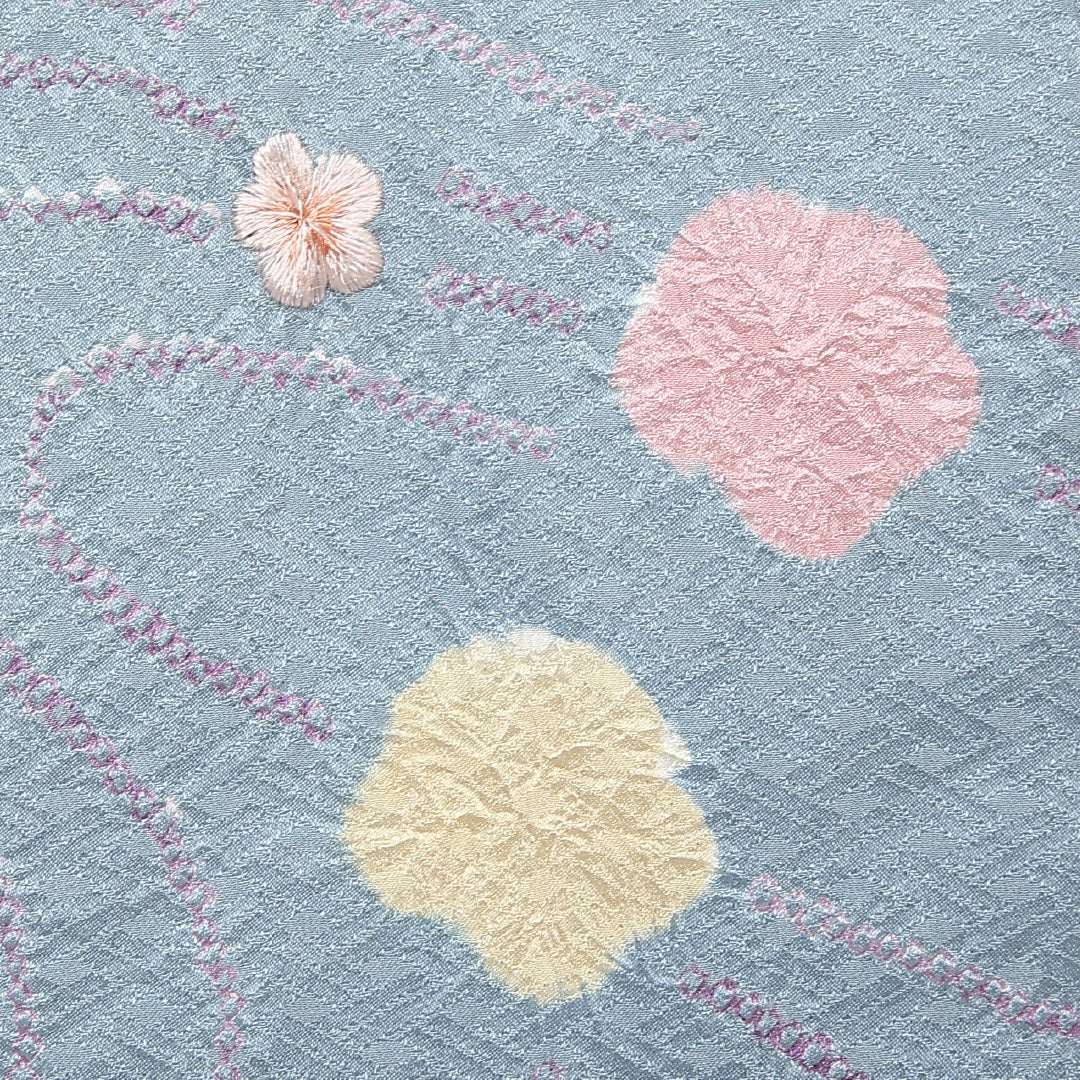 小紋 袷 身丈146cm 裄丈62cm 正絹 Bランク インフォーマル 広衿 XSサイズ 刺繍 流水 桜 桜 水色系 RP 1221-13115