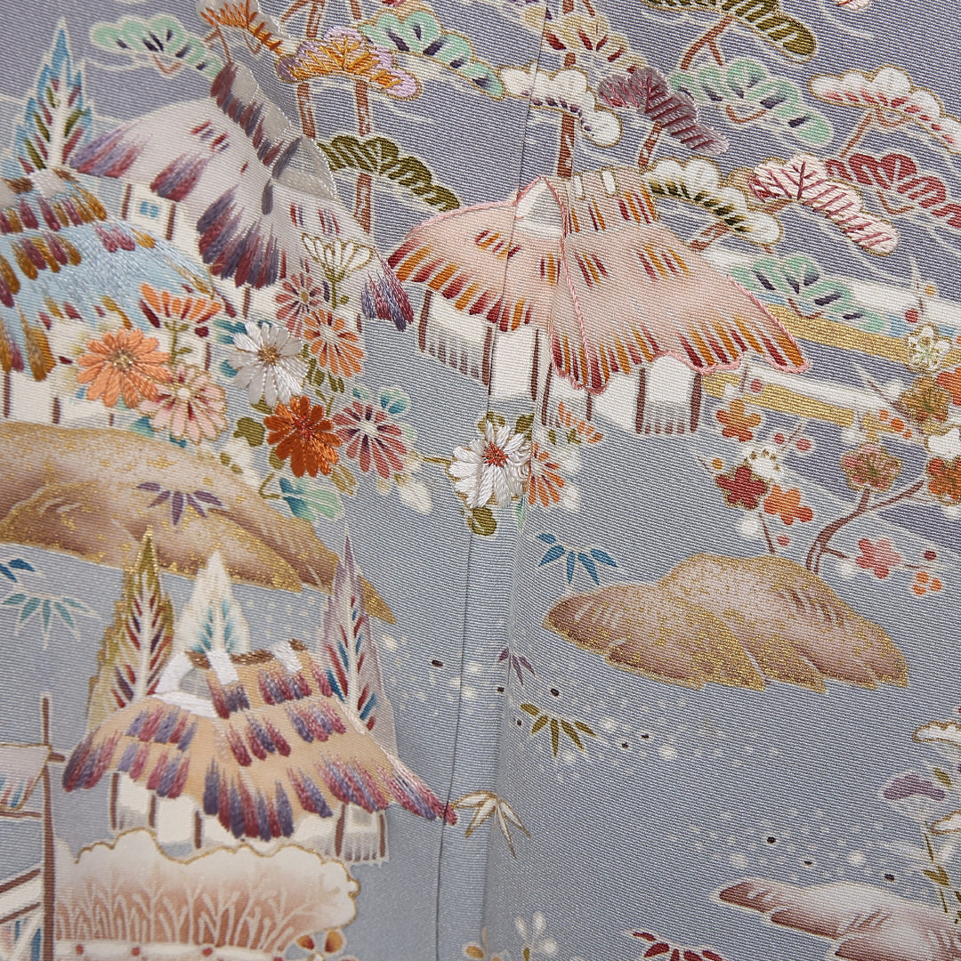 訪問着 身丈159cm 裄丈61.5cm Aランク 袷 一つ紋 正絹 広衿 剣片喰 刺繍 茶屋辻 風景 1212-10207