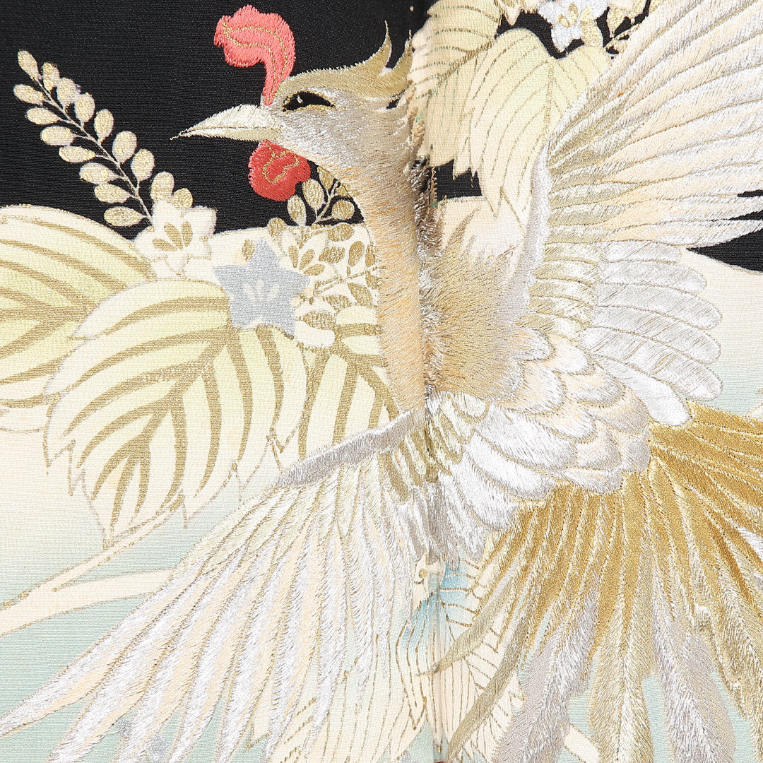 黒留袖 五つ紋 五三桐 身丈154cm 裄丈64cm Bランク 正絹 袷 比翼 広衿 S 刺繍 鳳凰 桐 フォーマル 古典的 格調高い 黒系 1211-F0530