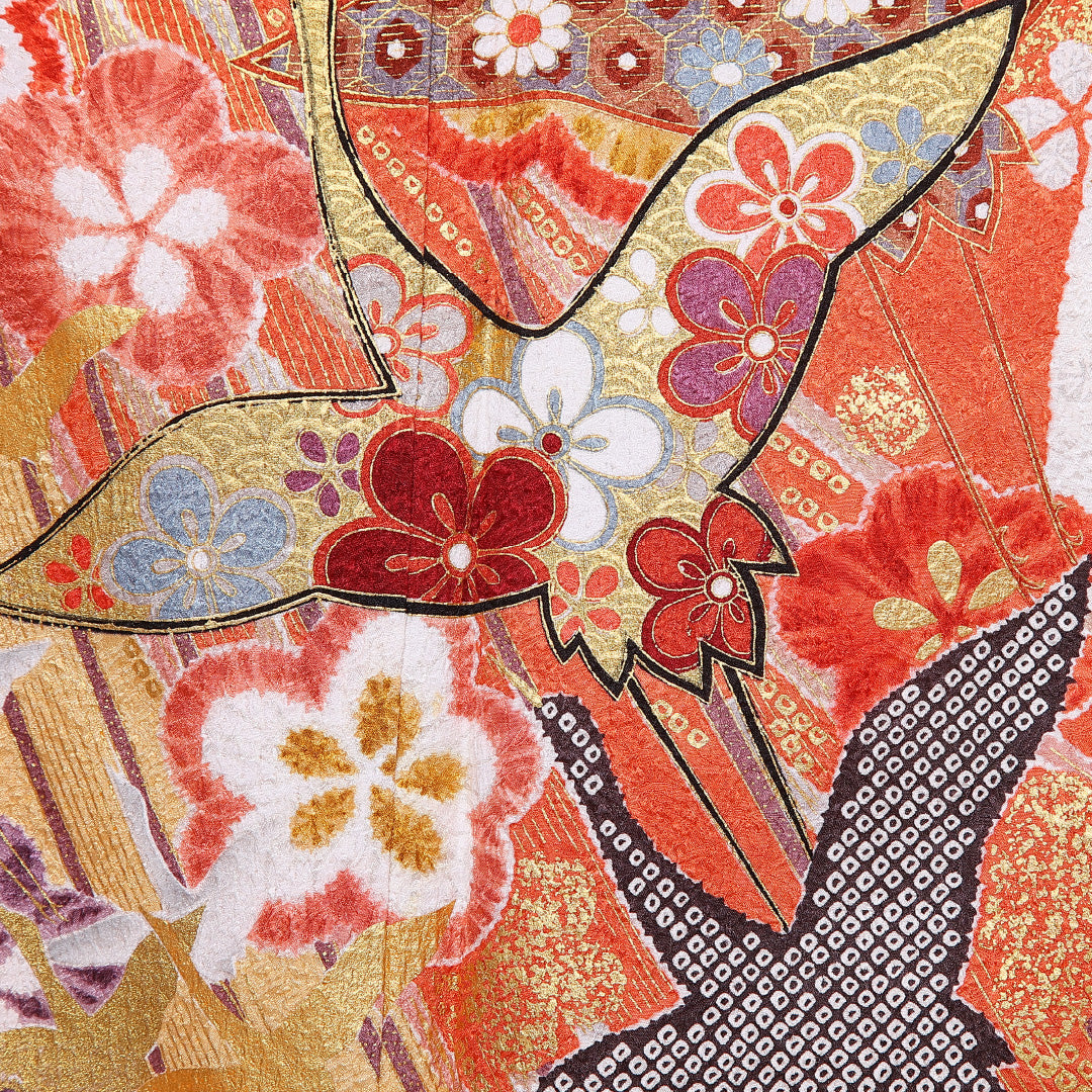 振袖 身丈154cm 裄丈63cm 袷 正絹 Sランク 広衿 梅 鶴 金糸 1213-F0381