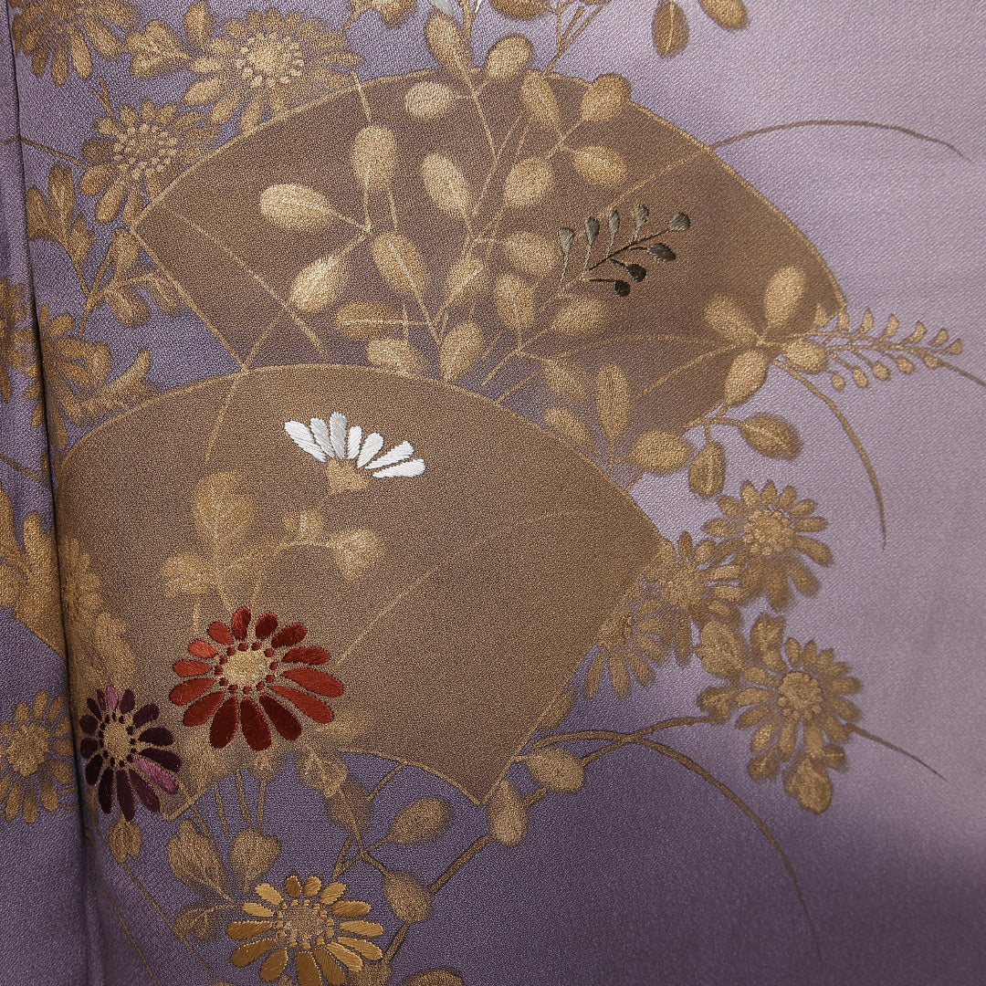 訪問着 身丈161cm 裄丈63.5cm 正絹 Sランク 袷 広衿 金彩 檜扇 菊 萩 刺繍 ぼかし しつけ糸 1212-10387