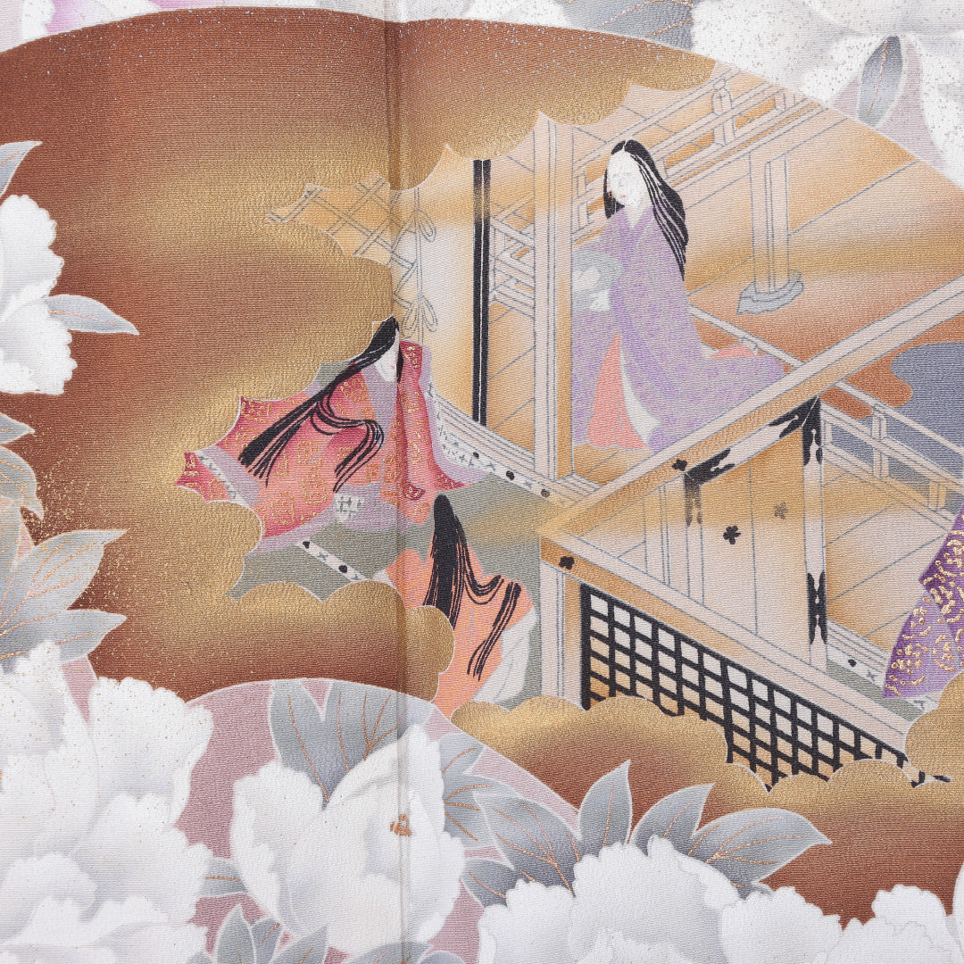 黒留袖 五つ紋 松皮菱に蔦 身丈160cm 裄丈64.5cm Sランク 正絹 袷 比翼 広衿 L 京友禅 平安絵巻 牡丹 フォーマル 黒系 1211-F0212