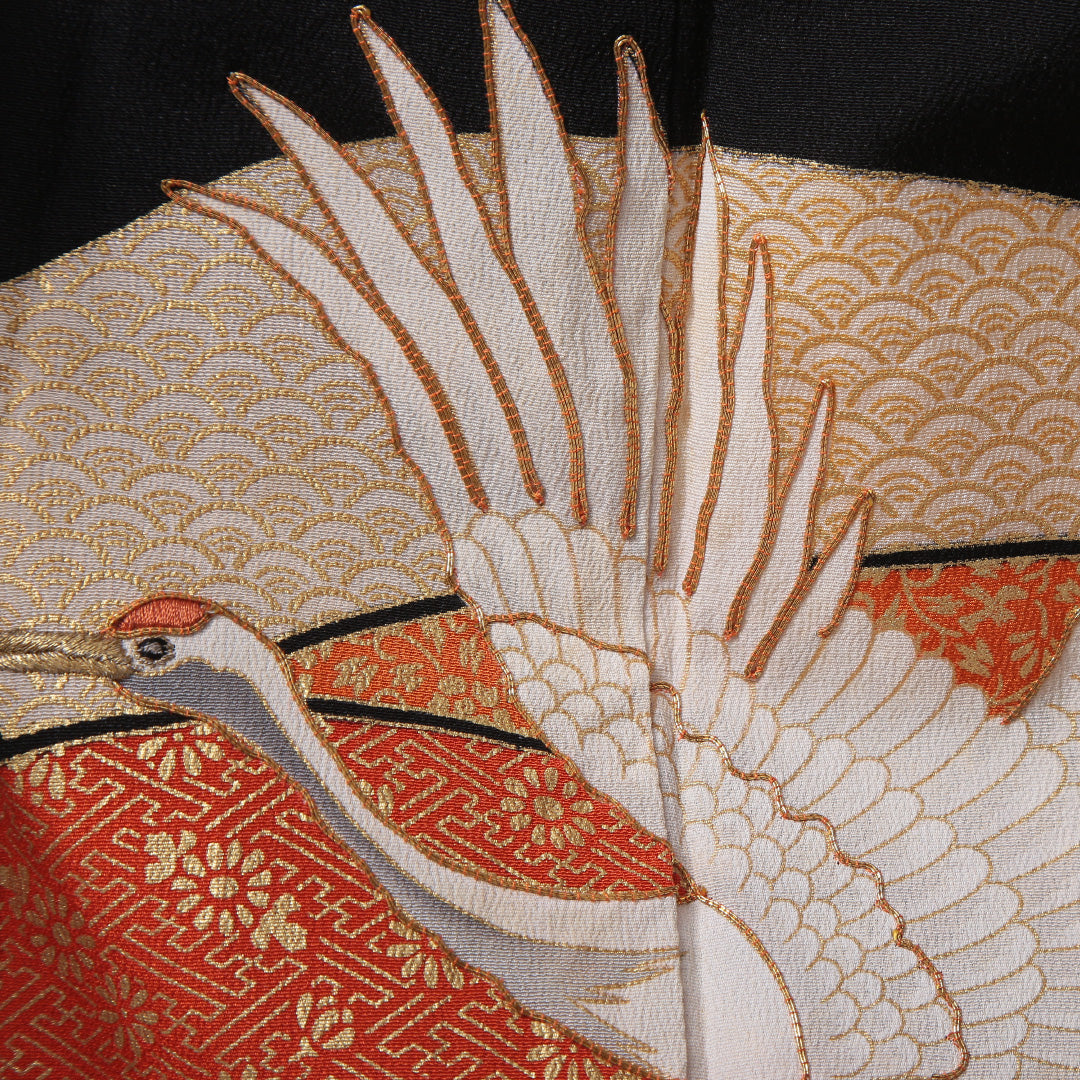 黒留袖 五つ紋 丸に橘 身丈159cm 裄丈65cm Aランク 正絹 袷 比翼 広衿 M 鶴 吉祥文様 扇 フォーマル 黒系 1211-F0234