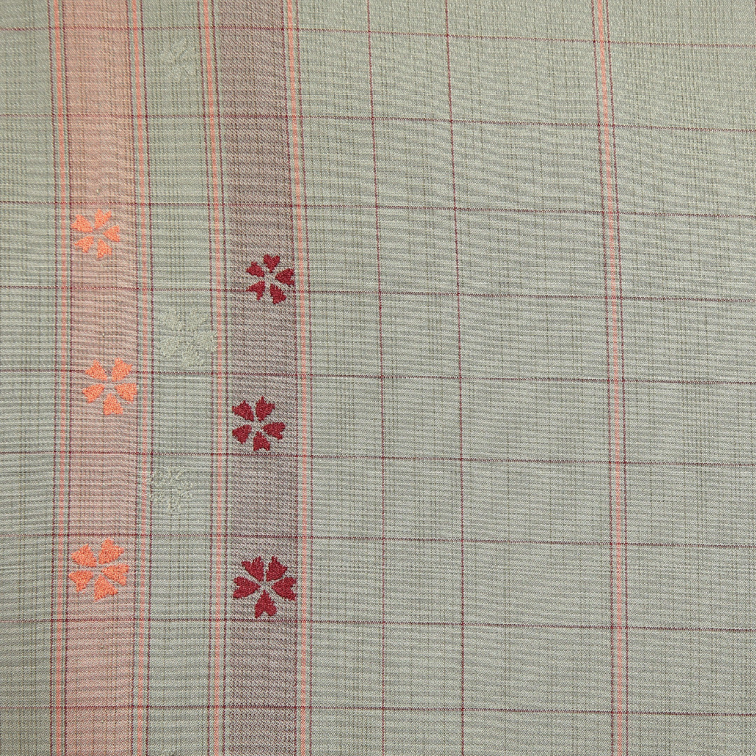 道行コート 袷 身丈132cm 裄丈66cm 正絹 Sランク Mサイズ インフォーマル ポケットあり 格子 桜 緑系 1263-14846